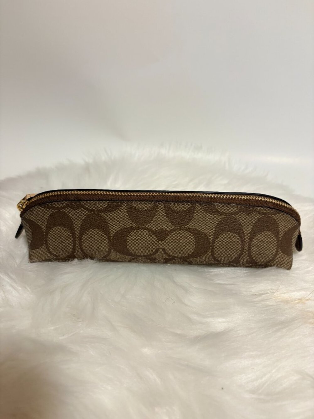 Coach Signature Canvas Pencil Case Cosmetic Pouch Brown Khaki Zip - Picture 2 of 5